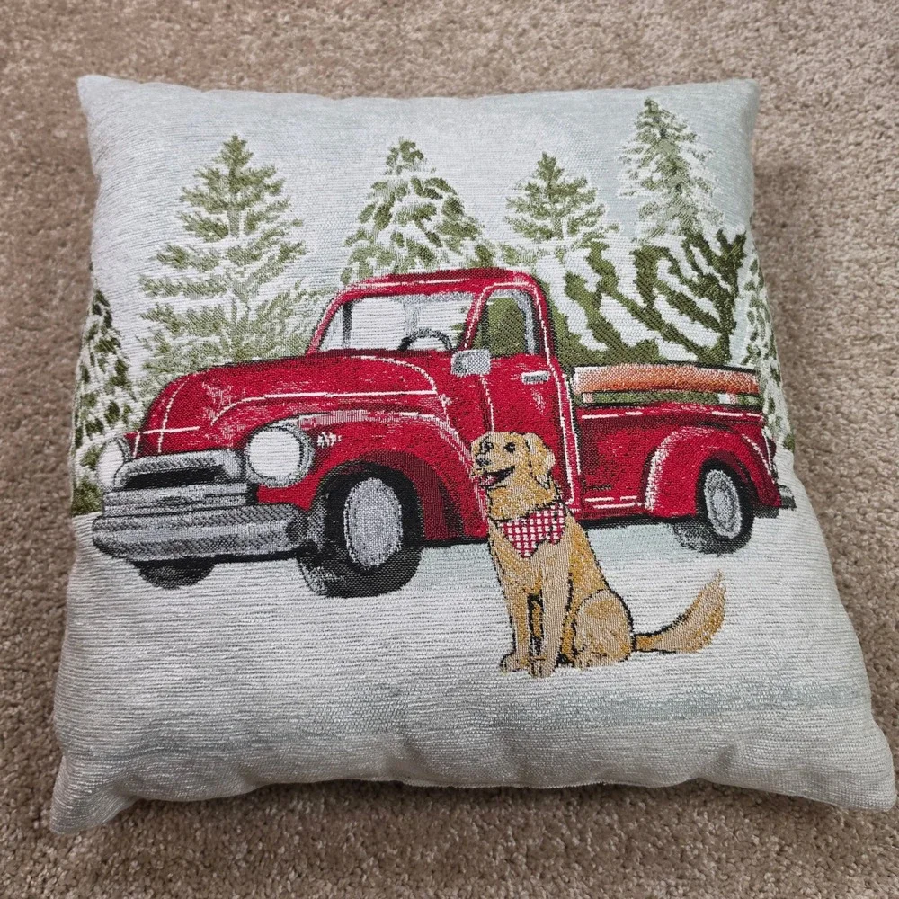 Christmas Throw Pillow Red Vintage Truck Dog Tree Tapestry Holiday 18x18